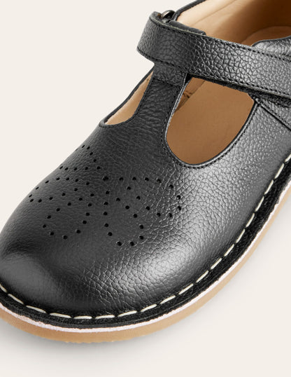 Leather T-bar Flats-Black