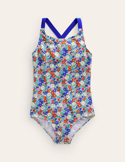 Bedruckter Badeanzug mit gekreuzten Trägern-Nautisch Blumenmuster-3