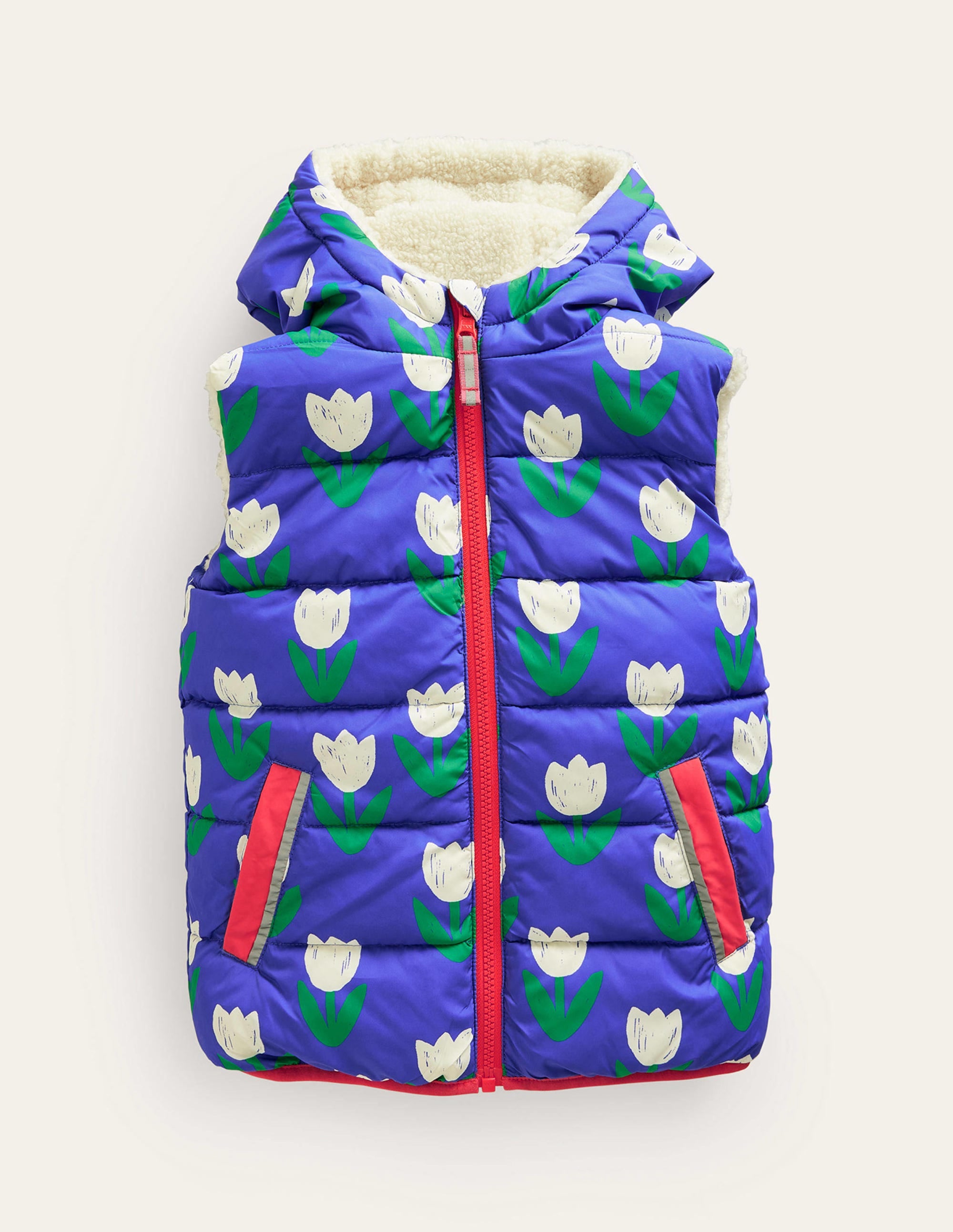 Doudoune sans manches réversible en borg-Tulipes bleu héron - Image 1