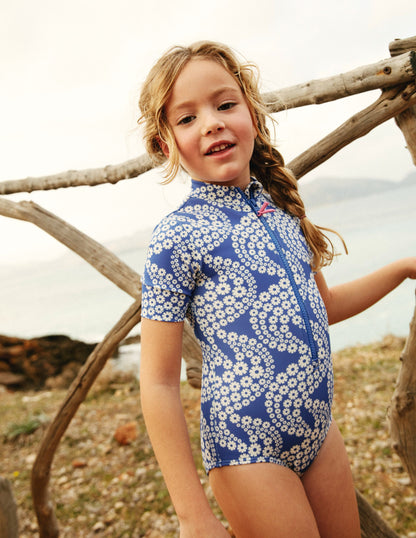 Maillot de bain à manches courtes-Vague pâquerette bleu éblouissant-4