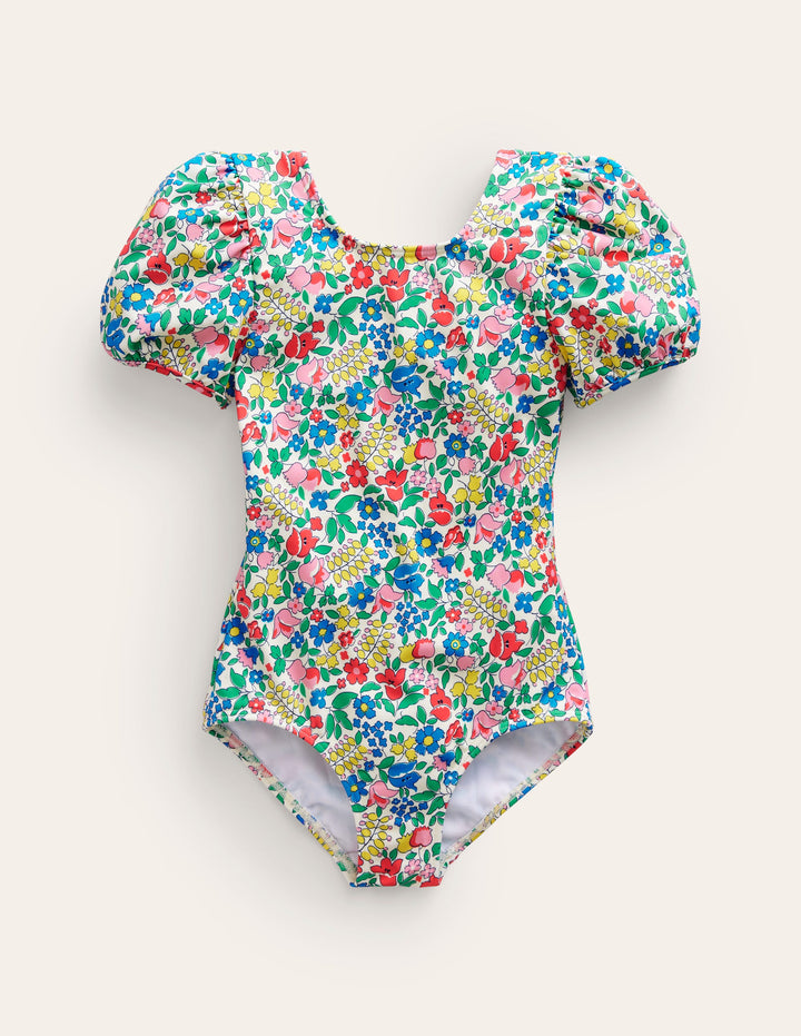 Printed Puff-sleeved Swimsuit-Multi Flowerbed
