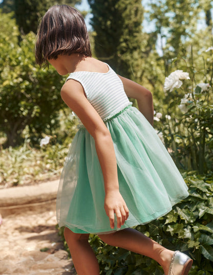 Robe en tulle et jersey-Rayé vert pistache/ivoire