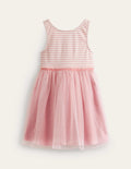 Kleid aus Jersey-Tüll-Mix-Pistaziengrün / Naturweiß Streifen