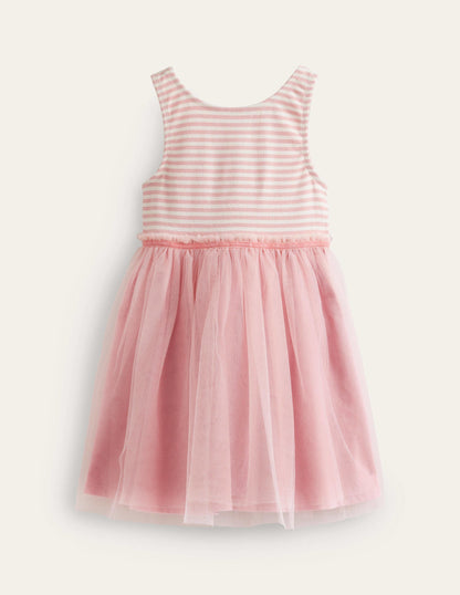 Robe en tulle et jersey-Rayé rose ballet/ivoire