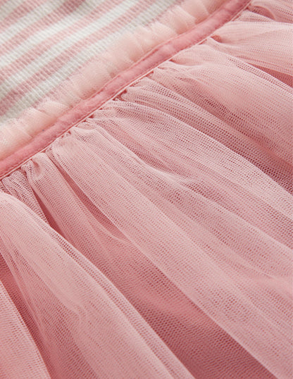 Robe en tulle et jersey-Rayé rose ballet/ivoire