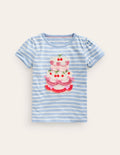 Puff Sleeve Appliqué T-shirt-Vintage Blue/Ivory Cake