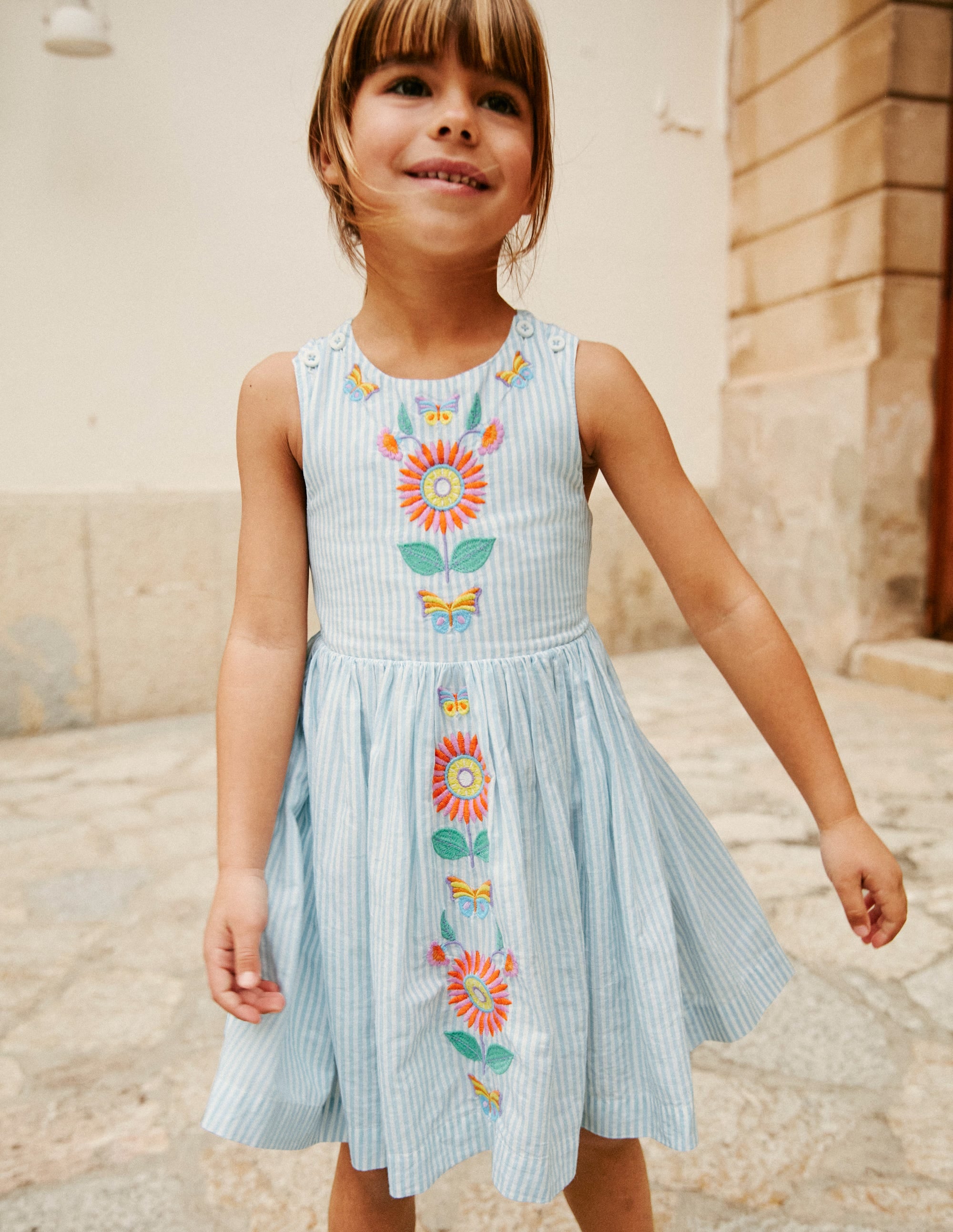 Robe à dos croisé-Motif floral rayé bleu/ivoire - Image 4