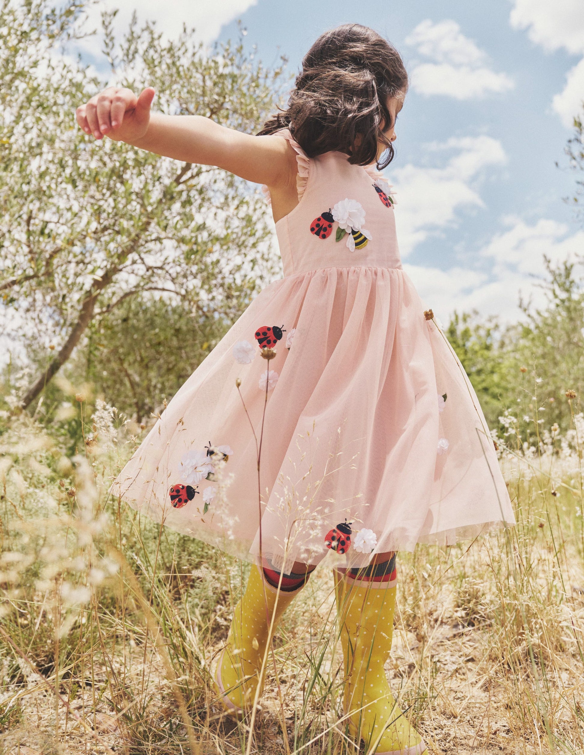 Robe en tulle à appliqué-Insectes rose Provence poudré-4
