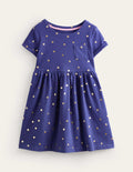Lustiges Jerseykleid mit kurzen Ärmeln-Klassisches Marineblau/Goldene Punkte