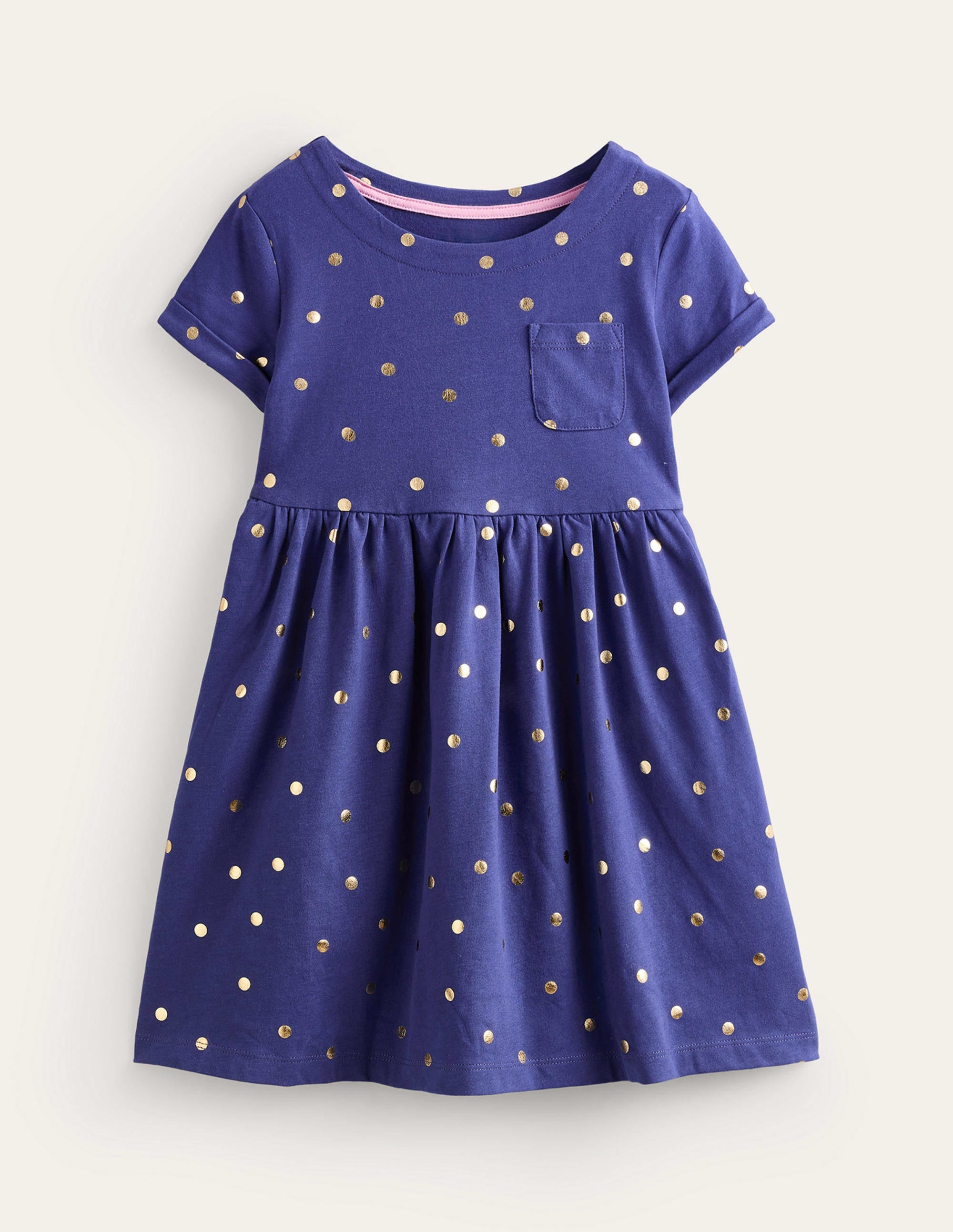 Lustiges Jerseykleid mit kurzen Ärmeln-Klassisches Marineblau/Goldene Punkte - Image 1