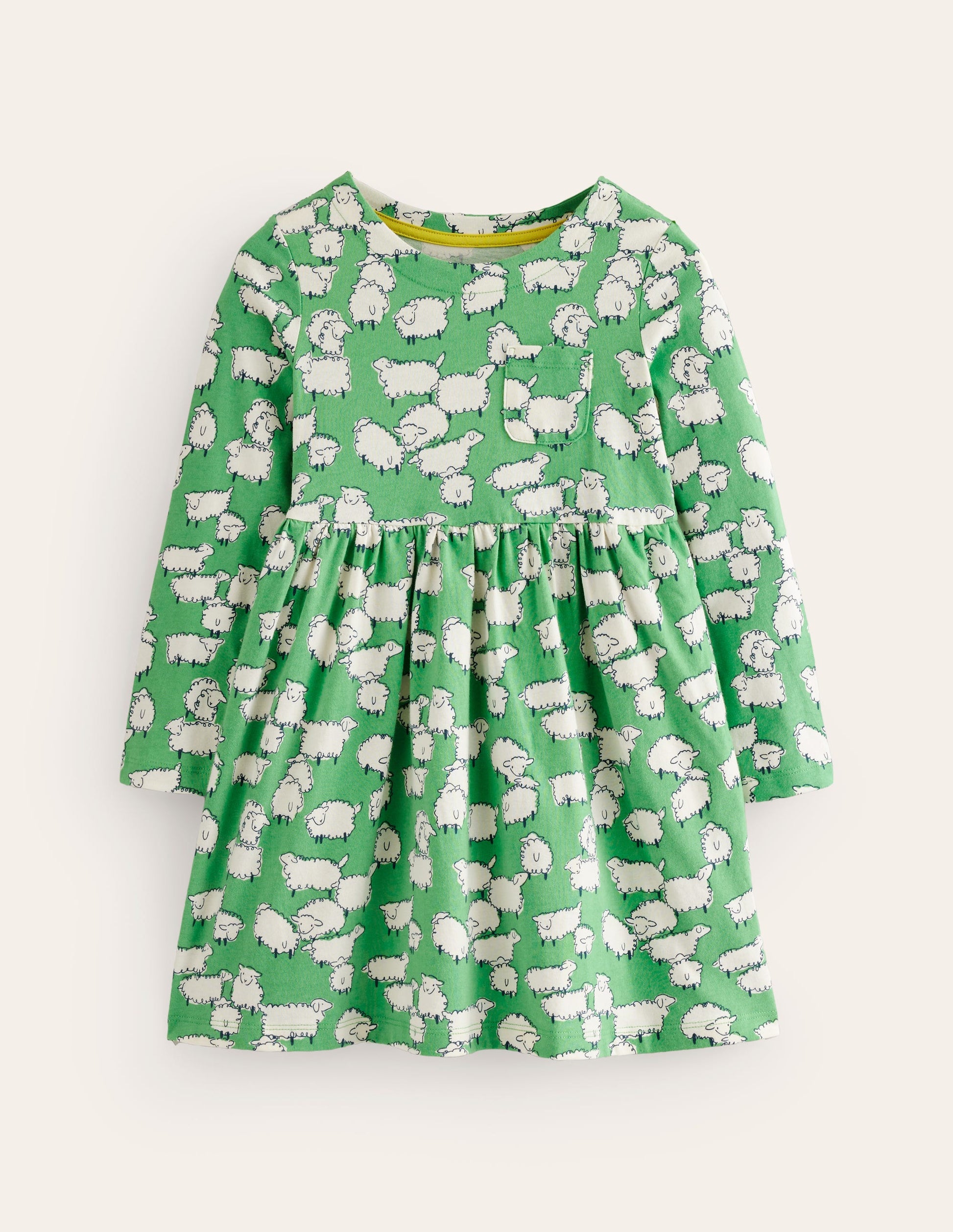 Lustiges Jerseykleid mit langen Ärmeln-Aloe-Grün Schafe-1