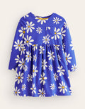 Robe fun à manches longues en jersey-Pâquerettes bleu saphir