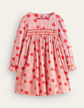 Robe en velours côtelé à smocks-Motif floral cœur rose ballet