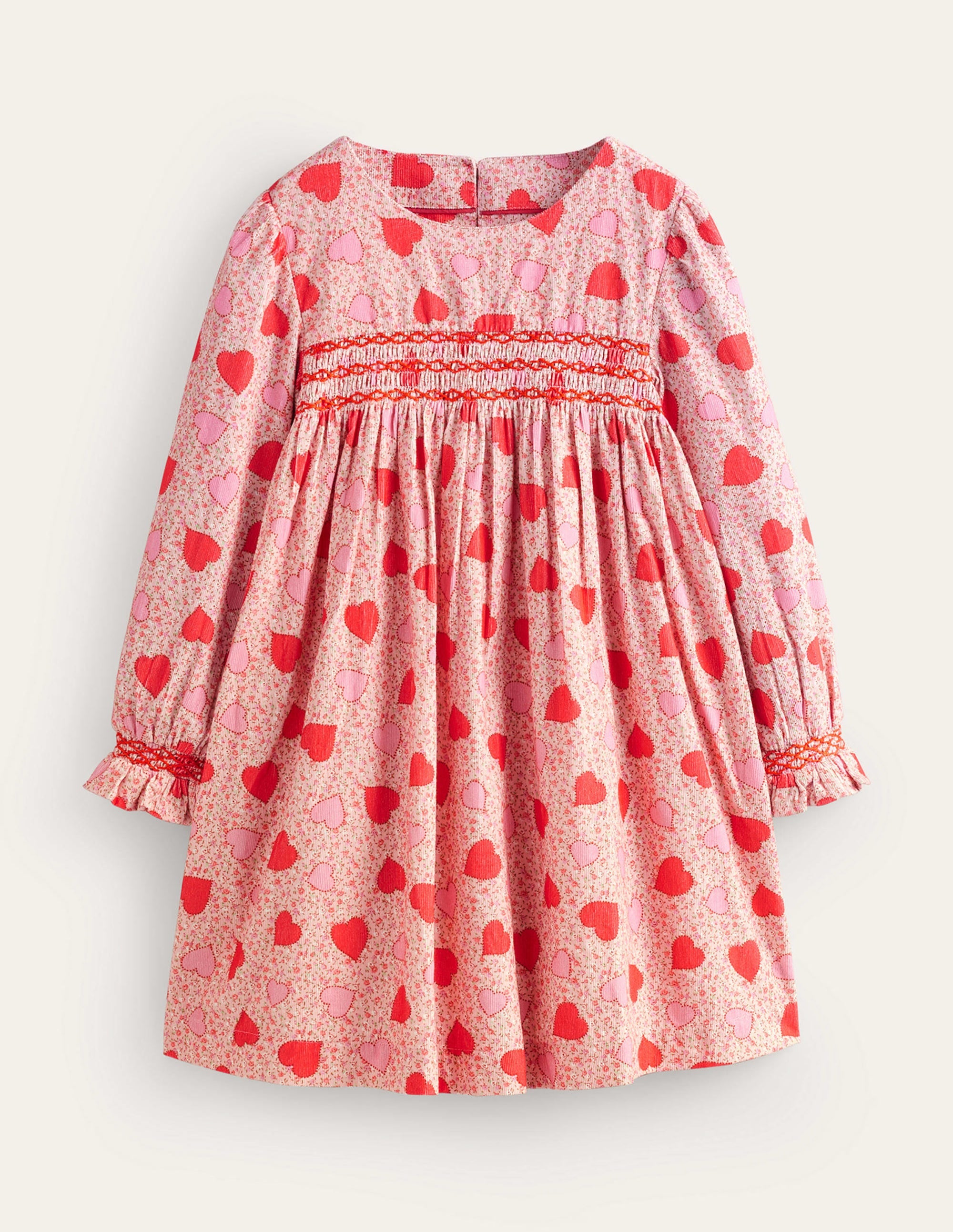 Robe en velours côtelé à smocks-Motif floral cœur rose ballet - Image 1