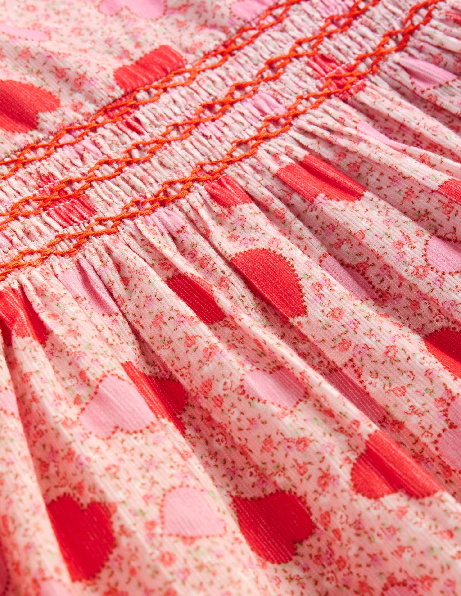 Robe en velours côtelé à smocks-Motif floral cœur rose ballet-3