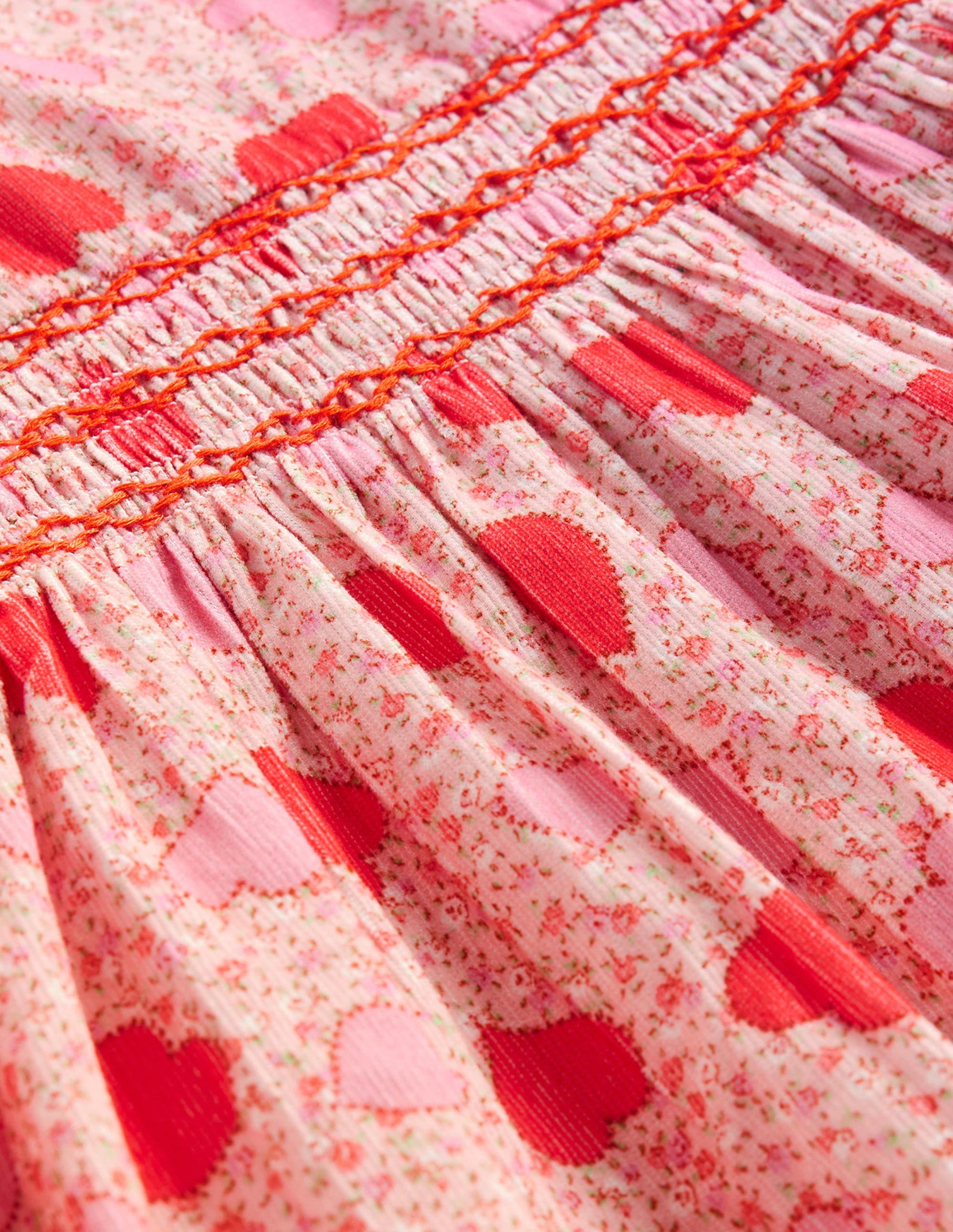 Robe en velours côtelé à smocks-Motif floral cœur rose ballet - Image 3