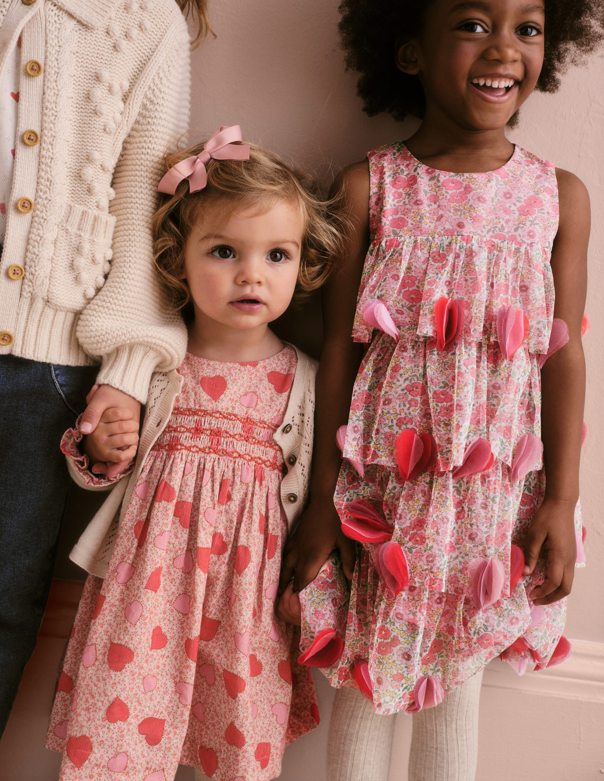 Robe en velours côtelé à smocks-Motif floral cœur rose ballet - Image 4