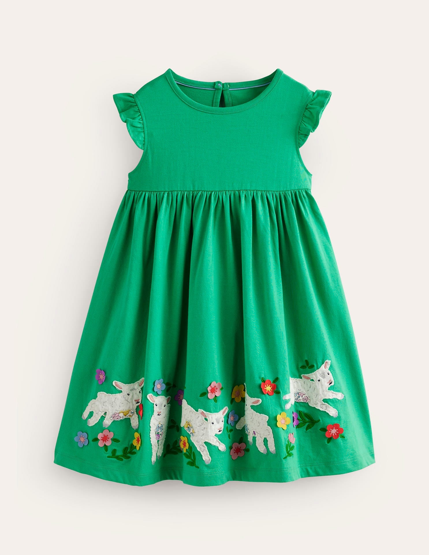 Frill Sleeve Appliqué Dress-Pea Green Sheep - Image 1