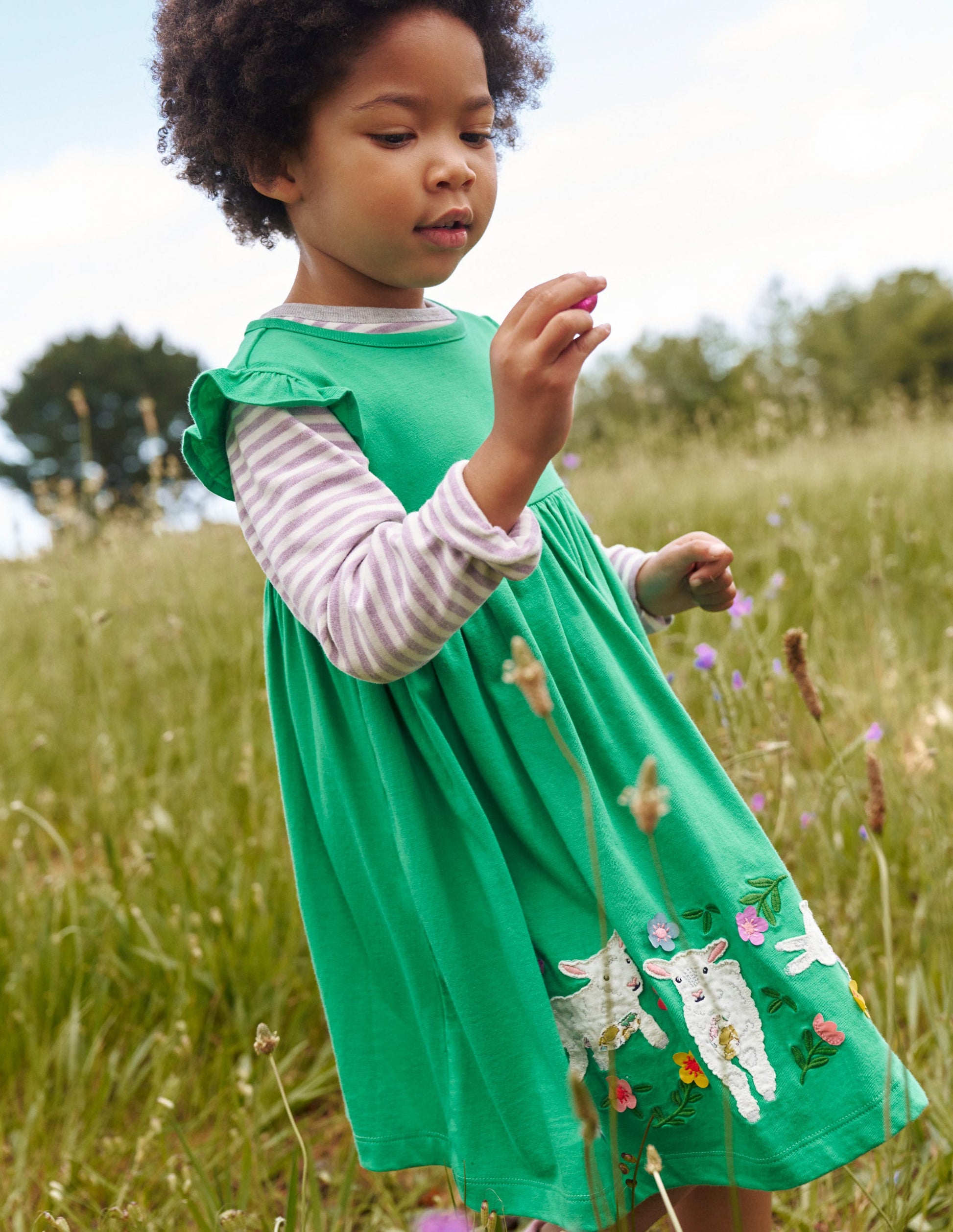 Frill Sleeve Appliqué Dress-Pea Green Sheep-4