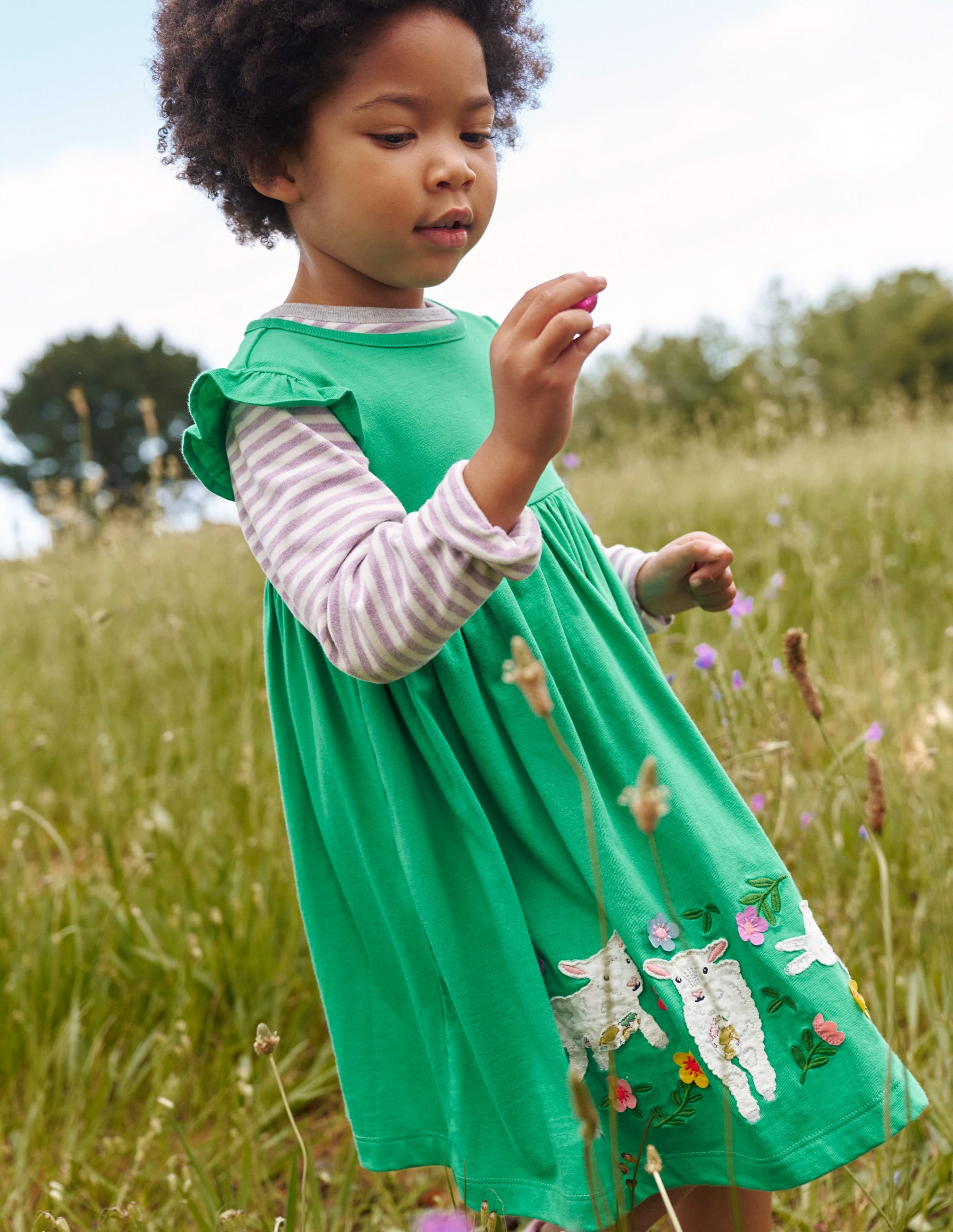 Frill Sleeve Appliqué Dress-Pea Green Sheep - Image 4