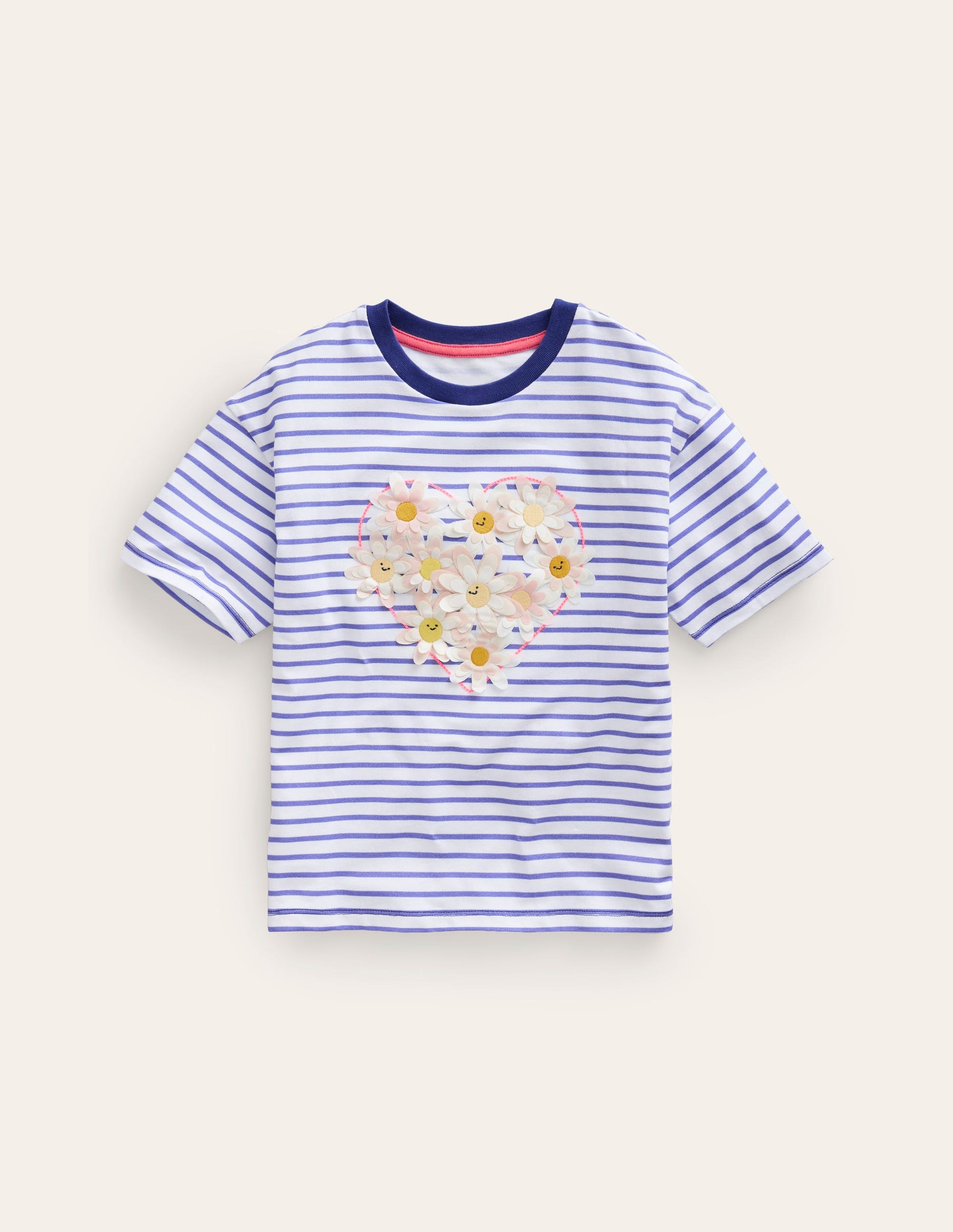 Lockeres T-Shirt aus Bouclé-Tiefblau/Naturweiß Herz-1