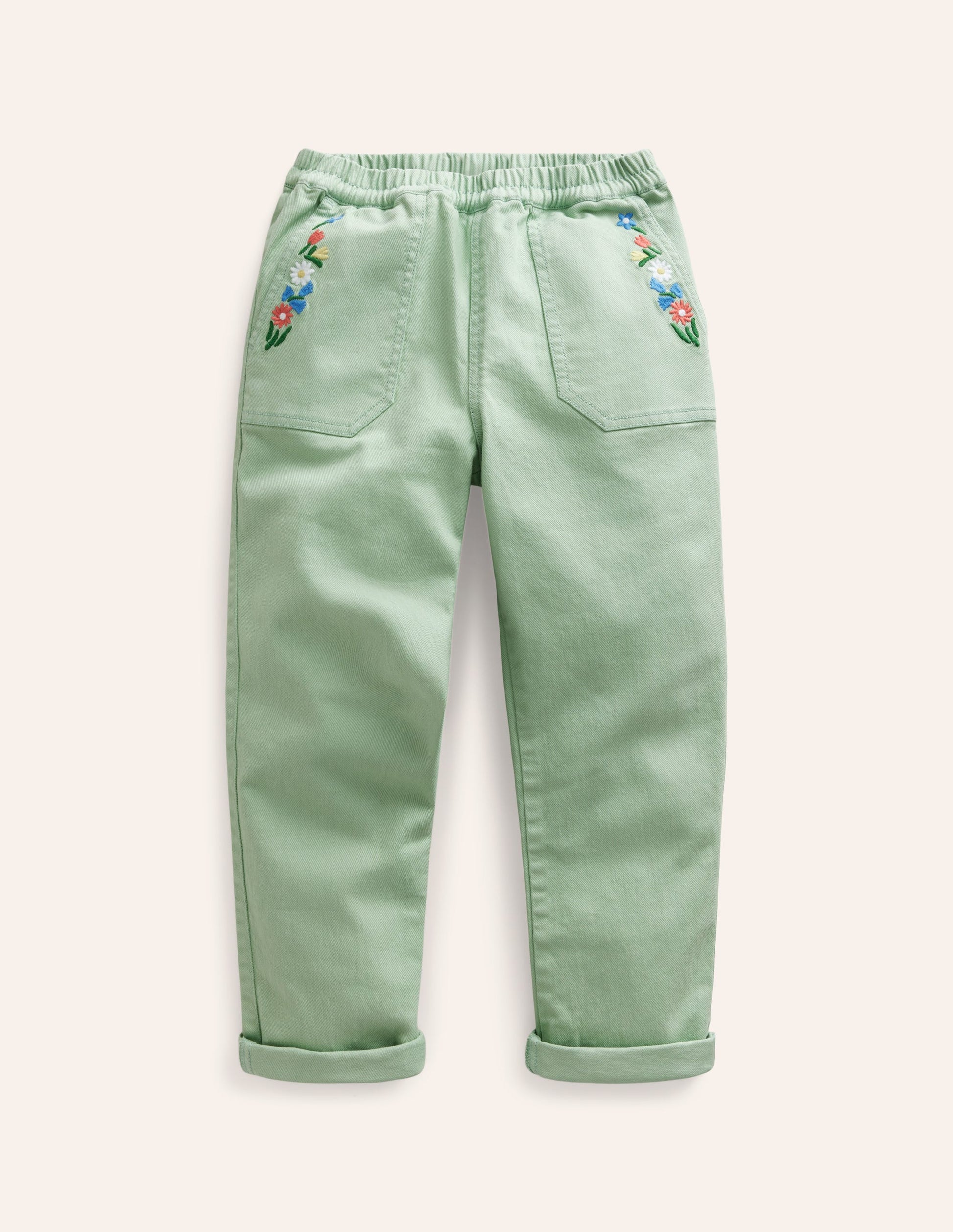 Pantalon à enfiler-Broderie vert aloe vera-1