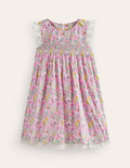 Robe à smocks et détails dentelle-Motif Bunny Meadow pois de senteur