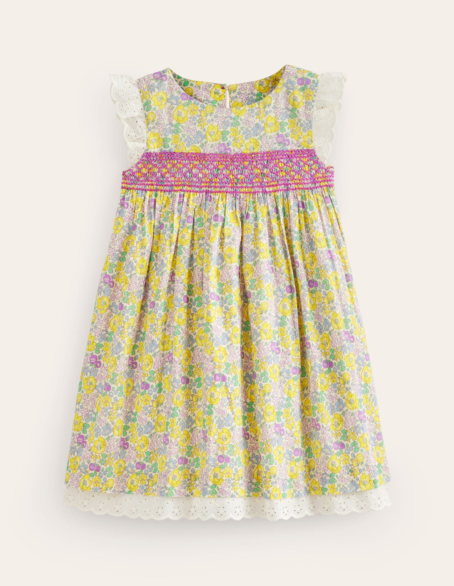 Robe à smocks et détails dentelle-Motif Spring Bloom jaune