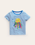 Kurzärmeliges T-Shirt mit Applikation-Naturweiß/ Korsika-Blau Qualle