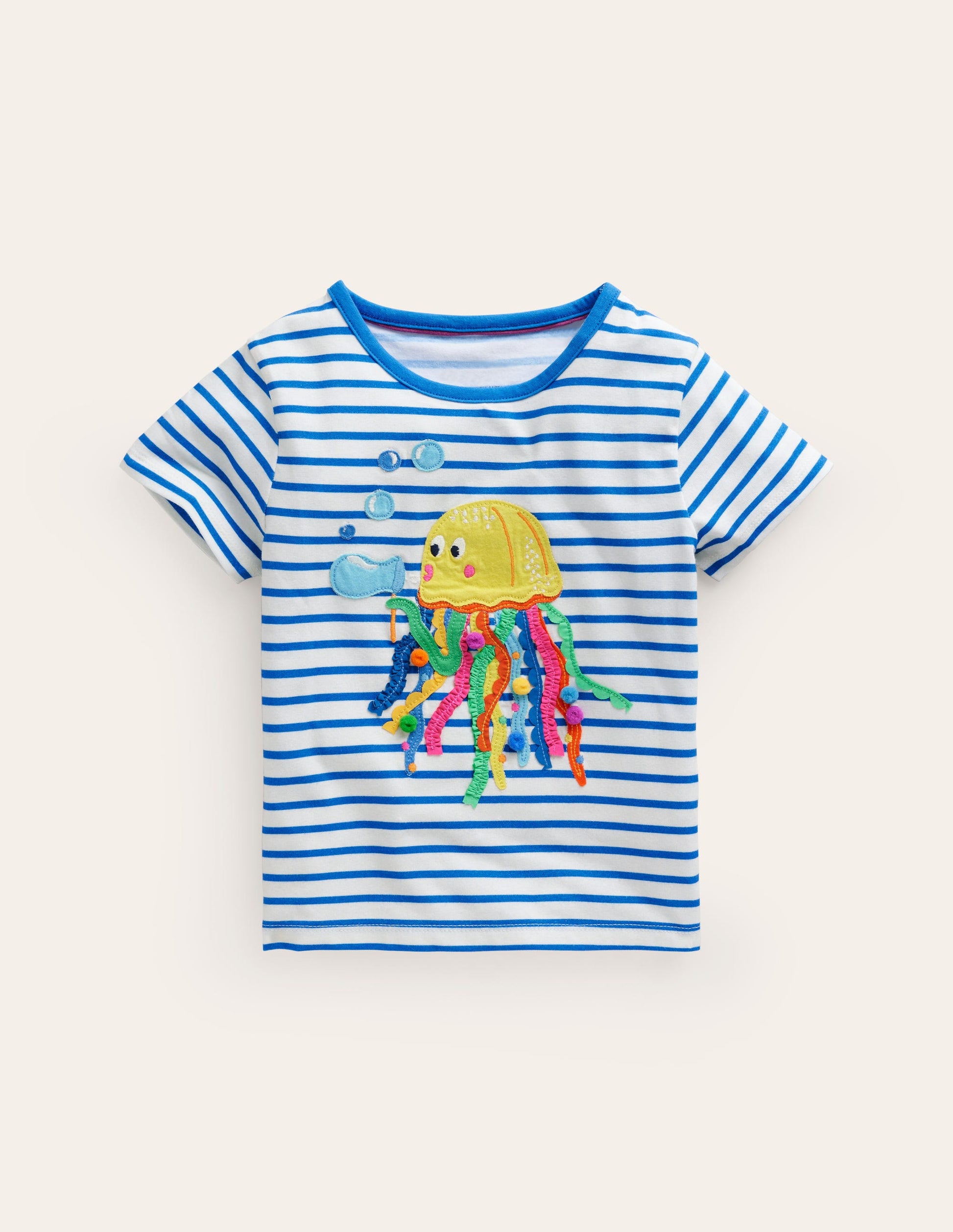 Kurzärmeliges T-Shirt mit Applikation-Naturweiß/ Korsika-Blau Qualle-1