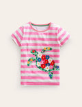 T-shirt manches courtes à appliqué-Tortue rose cosmos/ivoire