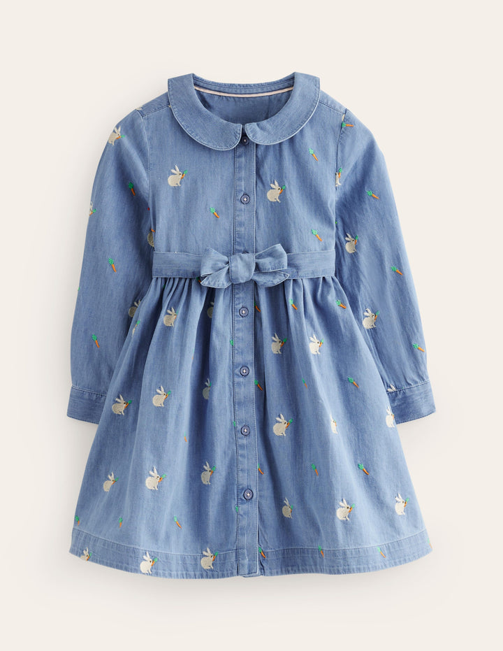 Embroidered Shirt Dress-Chambray Bunnies