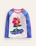 T-shirt manches raglan à appliqué-Fleur bleu surf/gousse de vanille