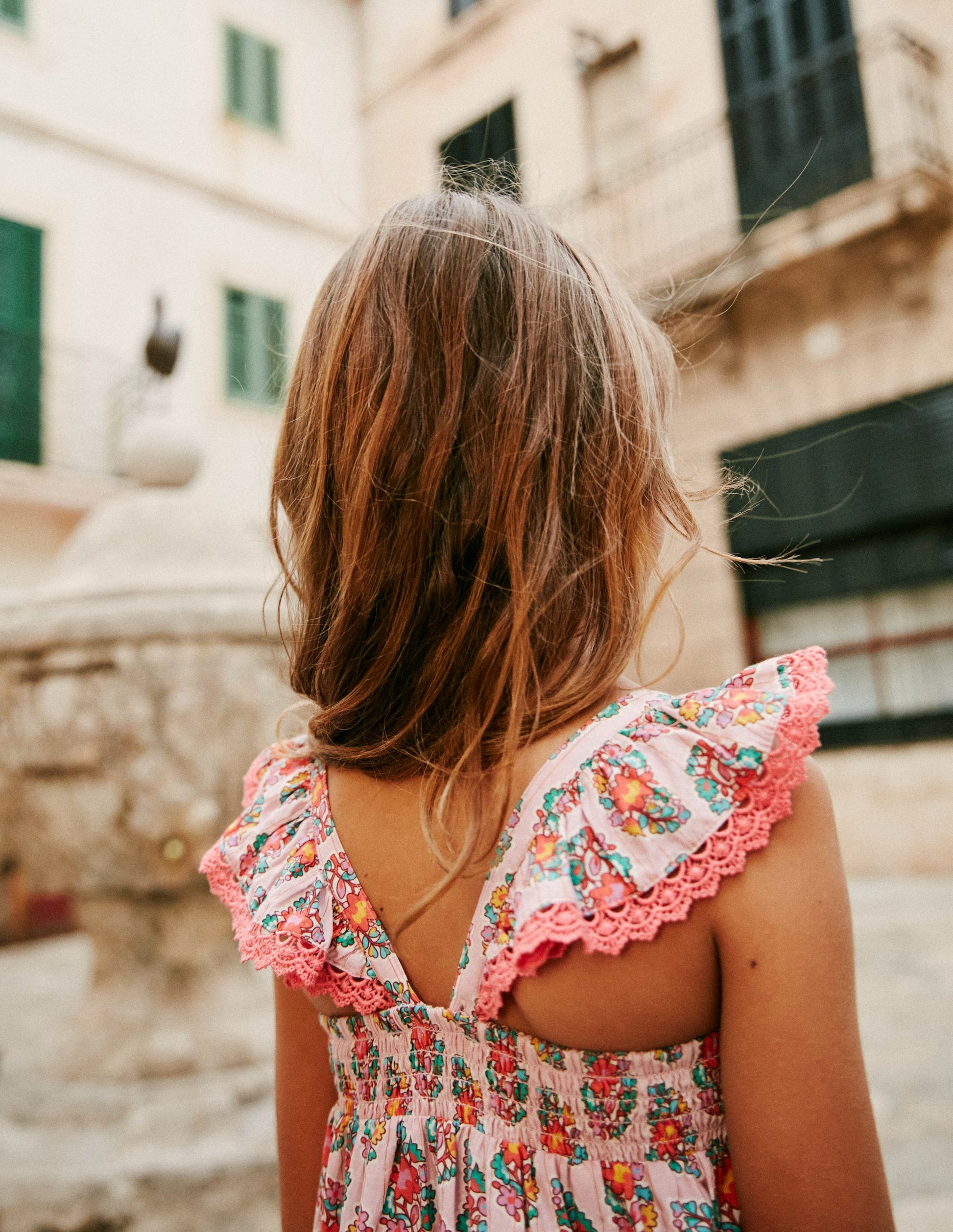 Robe d'été volantée à bretelles-Motif cachemire rose amande sucrée-7
