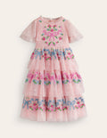 Robe brodée en tulle-Rose Provence poudré