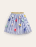 Jupe midi en tulle à pompons-Bleu Provence