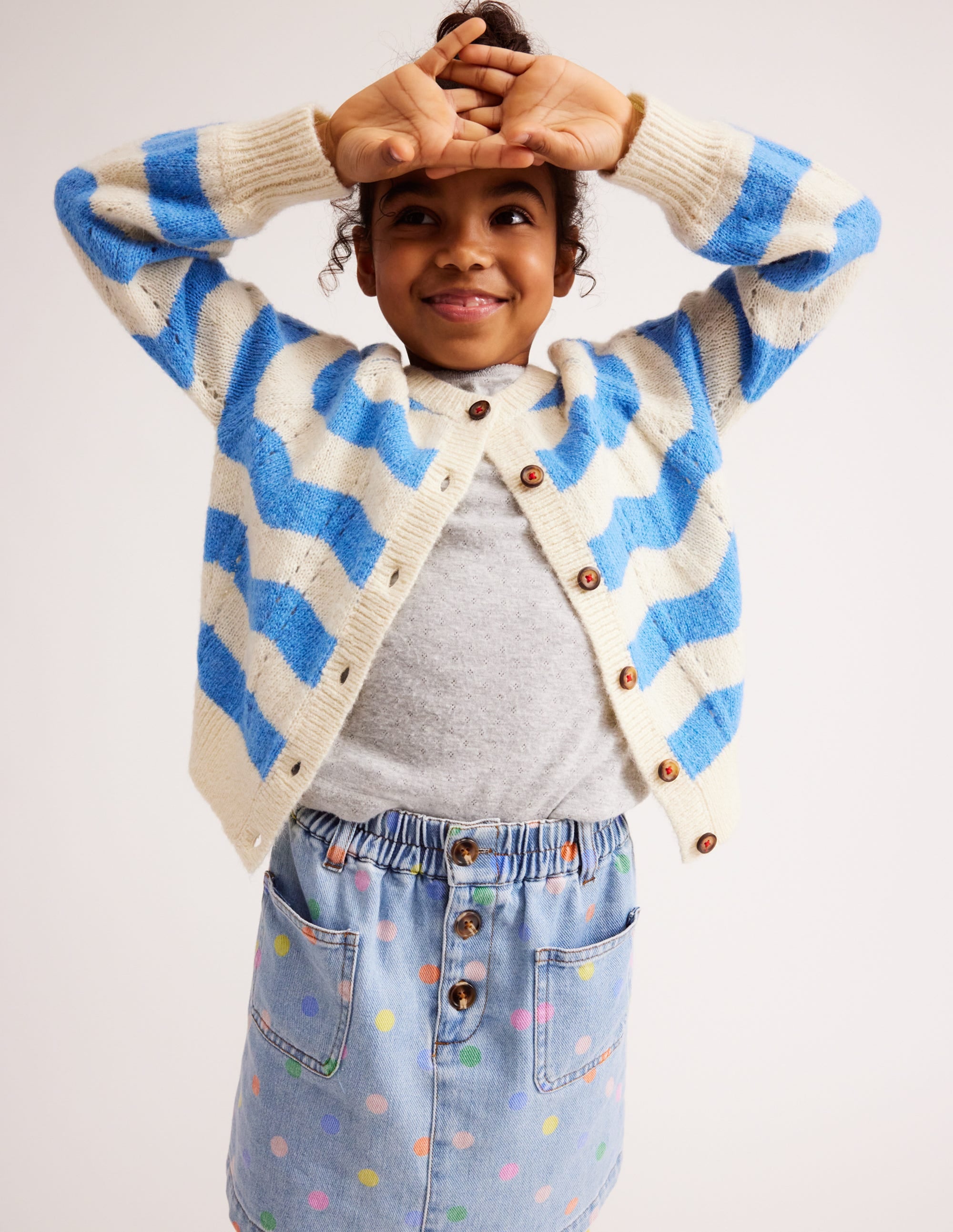 Gewebte Blouson-Strickjacke-Blau, Naturweiß Streifen - Image 4