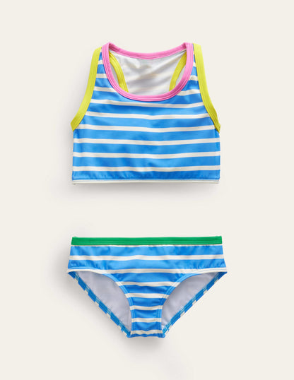 Bikini-Set mit Racerback-Blau, Naturweiß Streifen