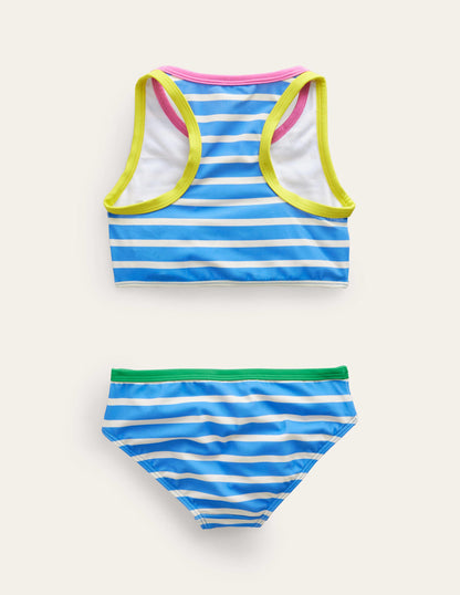 Bikini-Set mit Racerback-Blau, Naturweiß Streifen