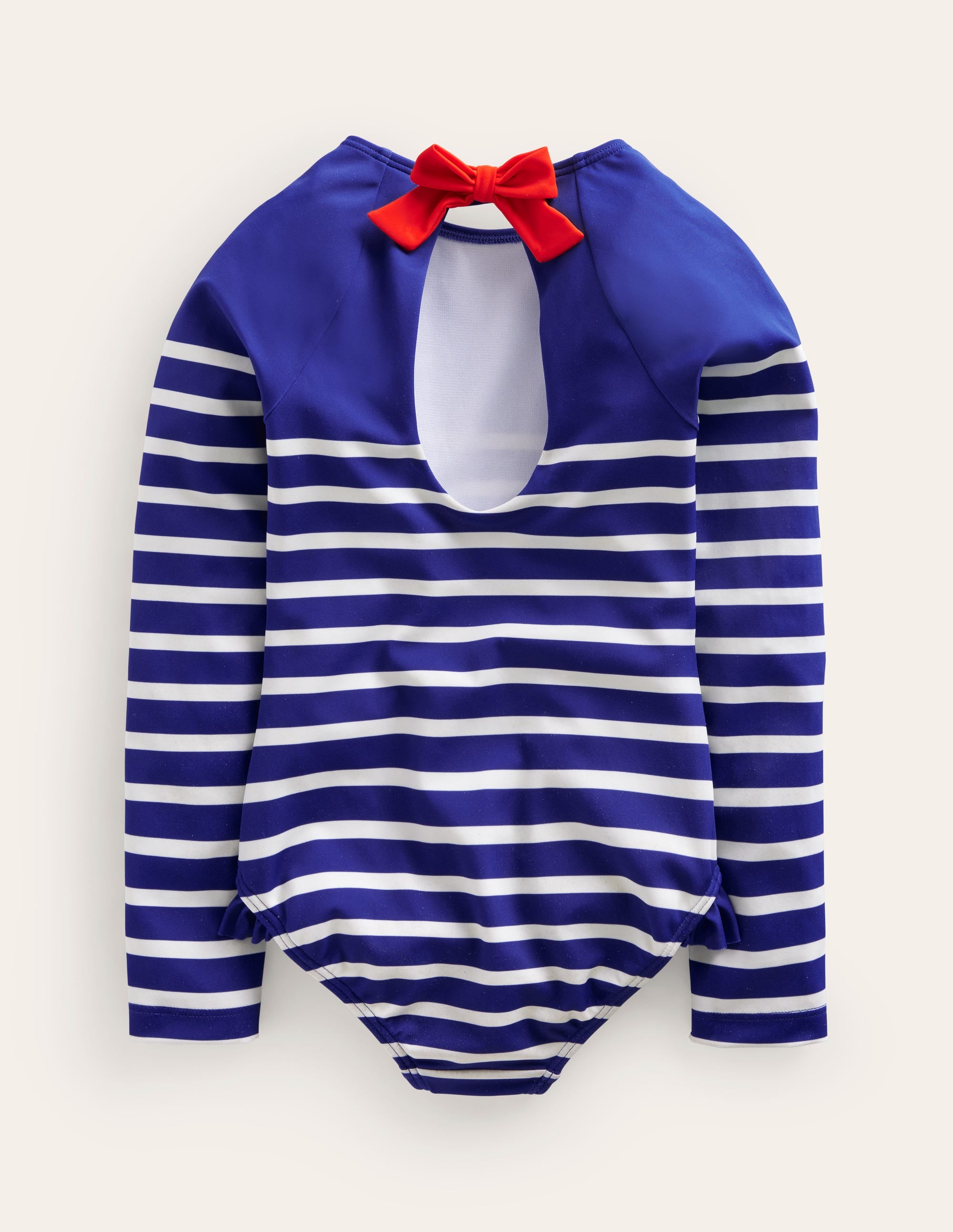 Long Sleeve Frilly Swimsuit-Sapphire Blue, Ivory Stripe - Image 2