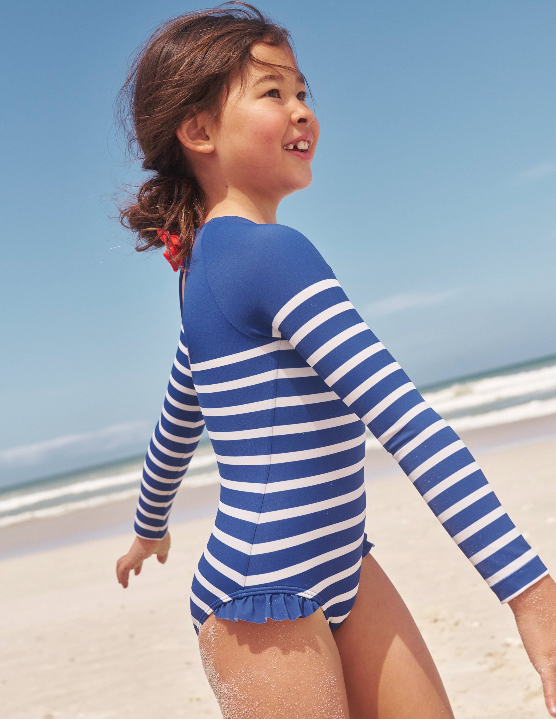 Long Sleeve Frilly Swimsuit-Sapphire Blue, Ivory Stripe-4
