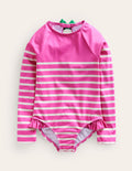 Long Sleeve Frilly Swimsuit-Pink, Ivory Stripe