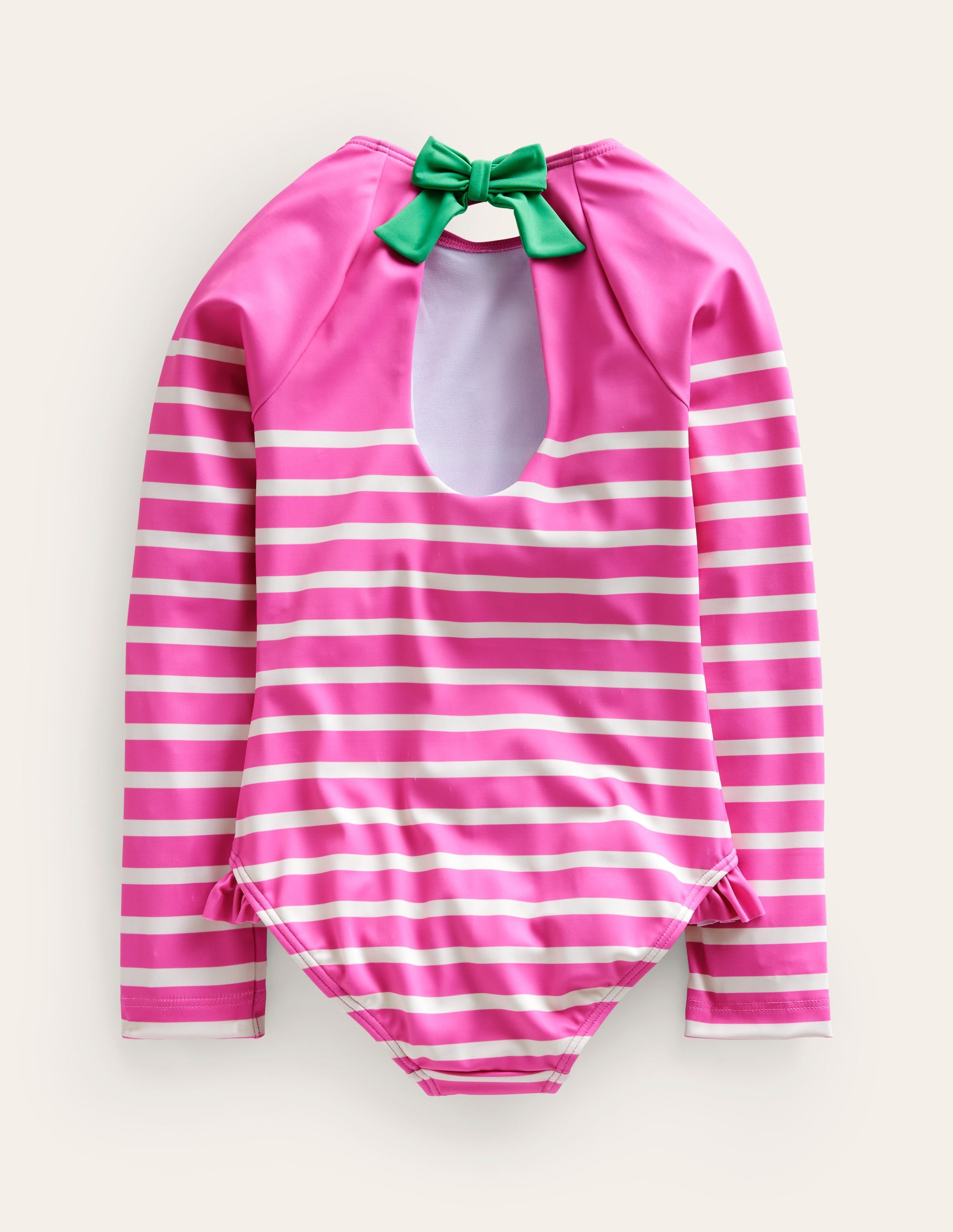 Long Sleeve Frilly Swimsuit-Pink, Ivory Stripe - Image 2