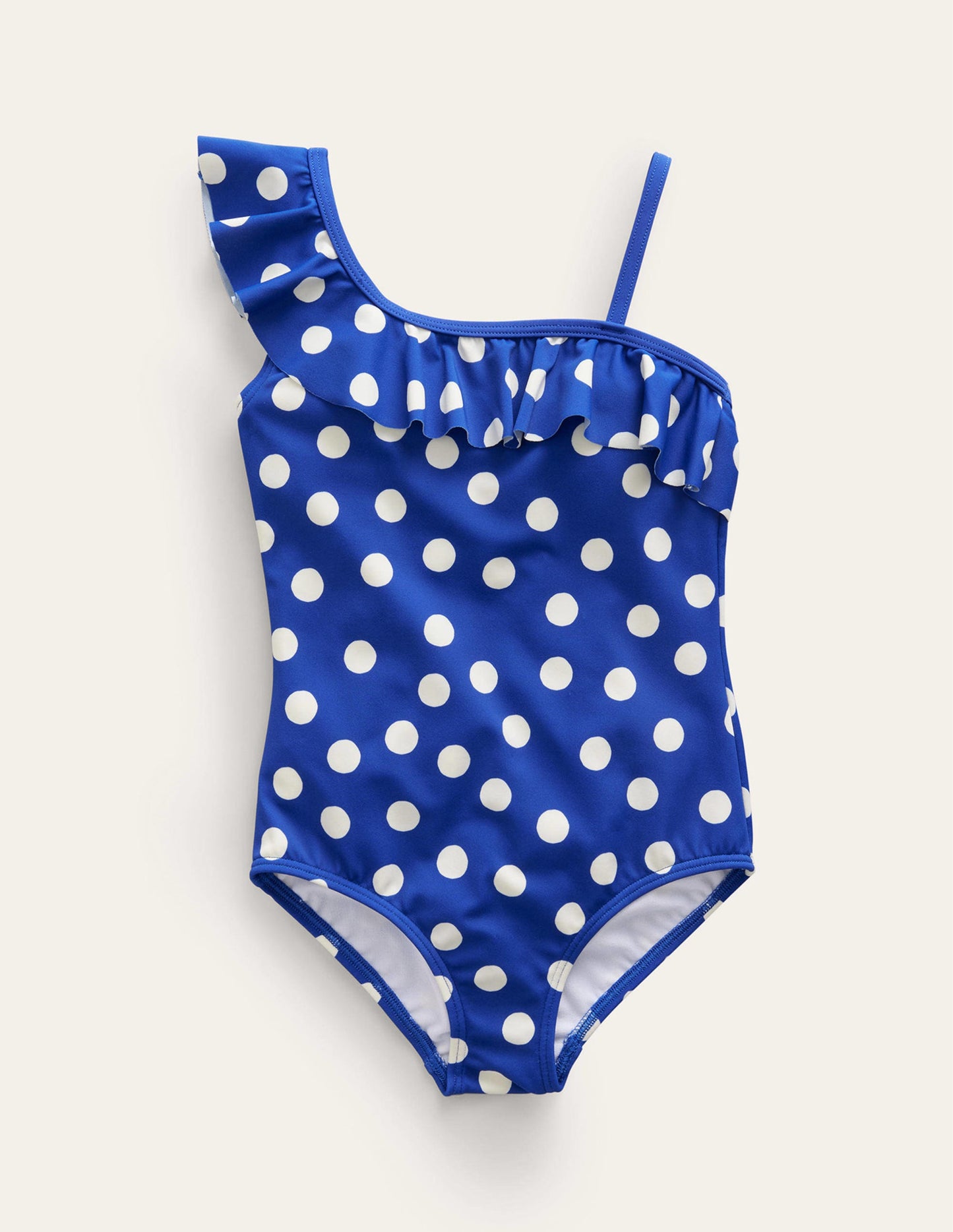 Badeanzug mit einem Träger und Rüschen-Marineblau, Naturweiße Punkte