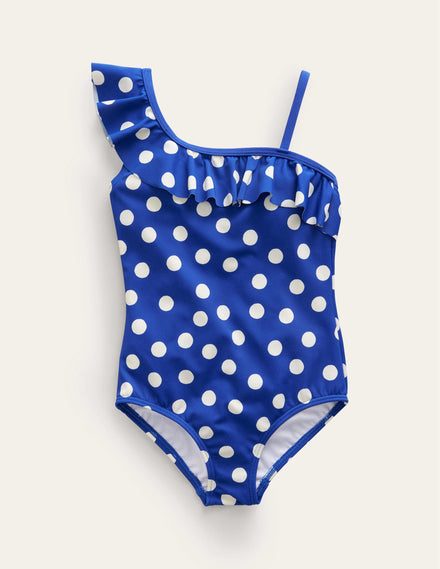 Badeanzug mit einem Träger und Rüschen-Marineblau, Naturweiße Punkte