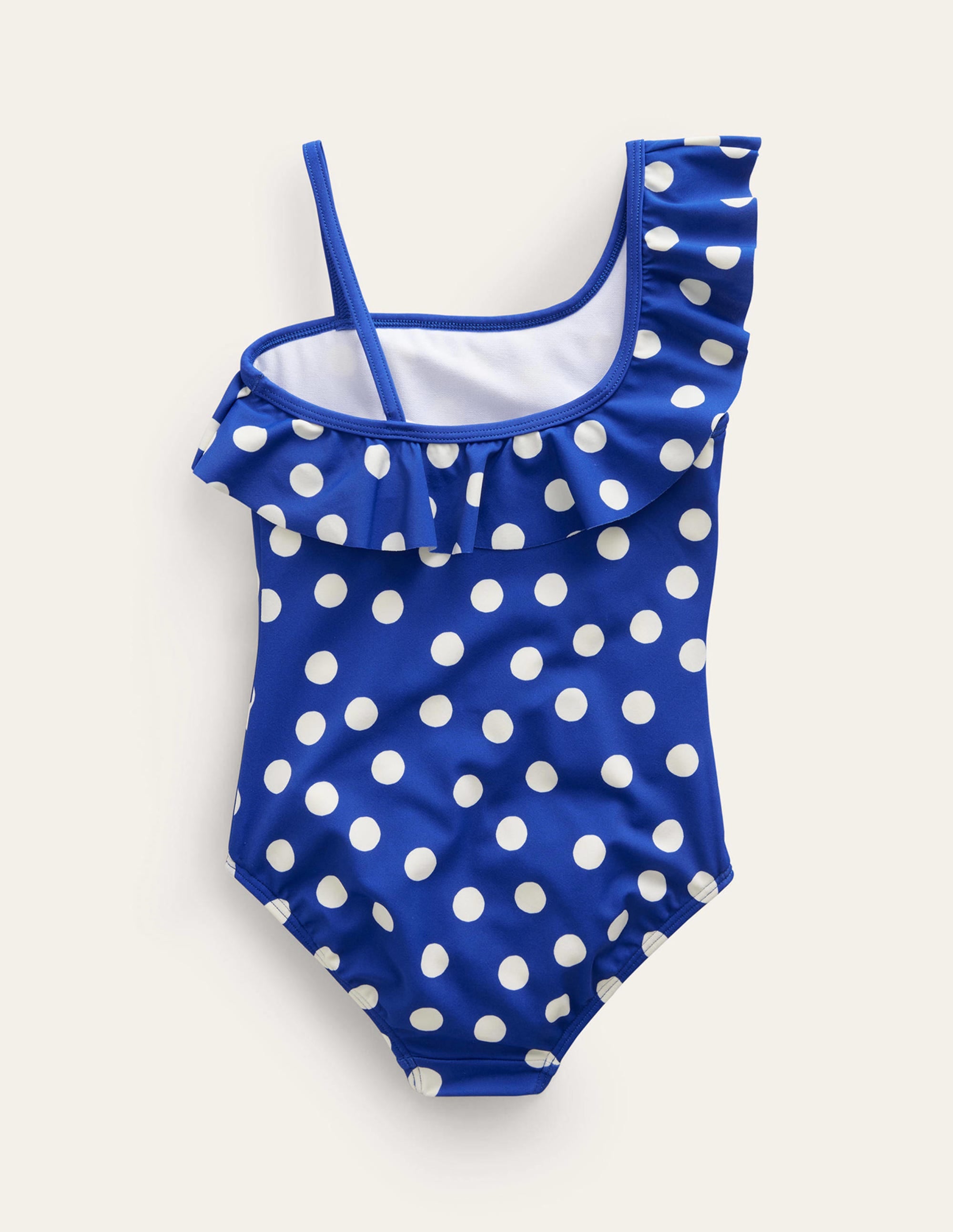 Maillot de bain asymétrique à volant-Bleu marine, pois ivoire - Image 2