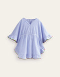 Poncho-Kaftan mit Bommelbesatz-Blau/Naturweiß Gestreift