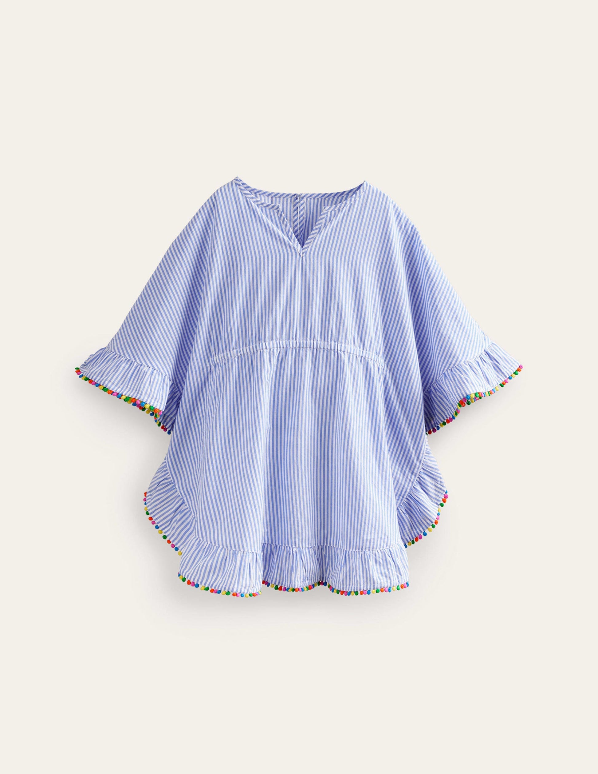 Poncho-Kaftan mit Bommelbesatz-Blau/Naturweiß Gestreift-1