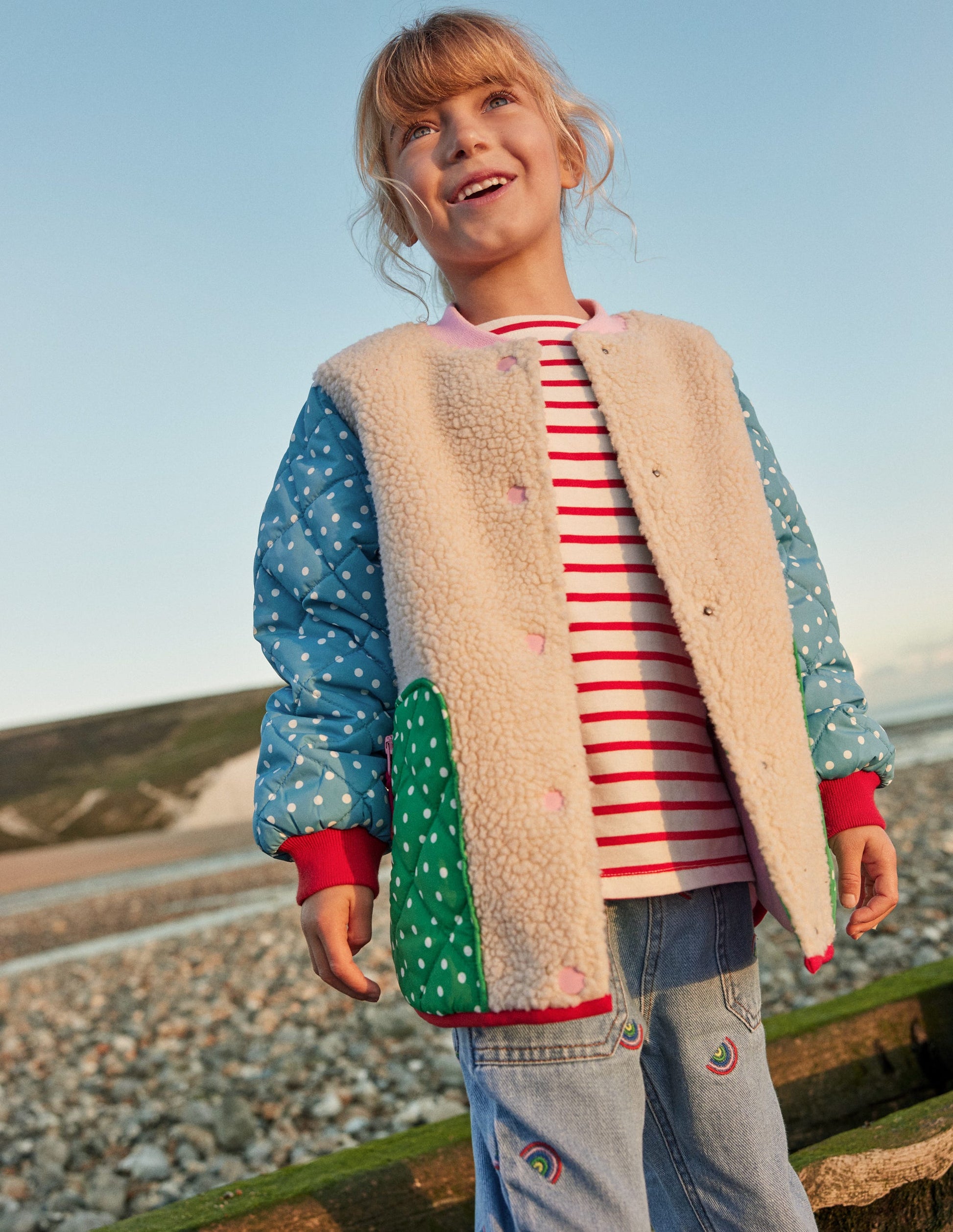 Bomberjacke aus Borg-Mix-Naturweiß/Blockfarben Punkte-5