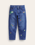 Jean droit décontracté-Broderie denim moyen